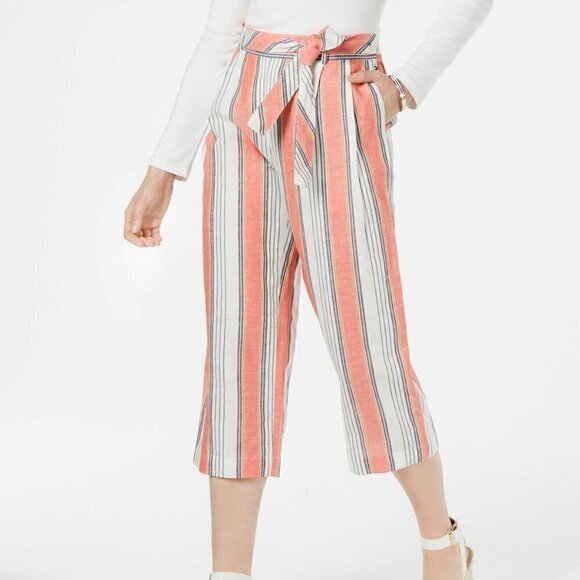 NWOT Tommy Hilfiger Coral Striped High Rise Linen Belted Crop Pants Medium - Picture 1 of 6